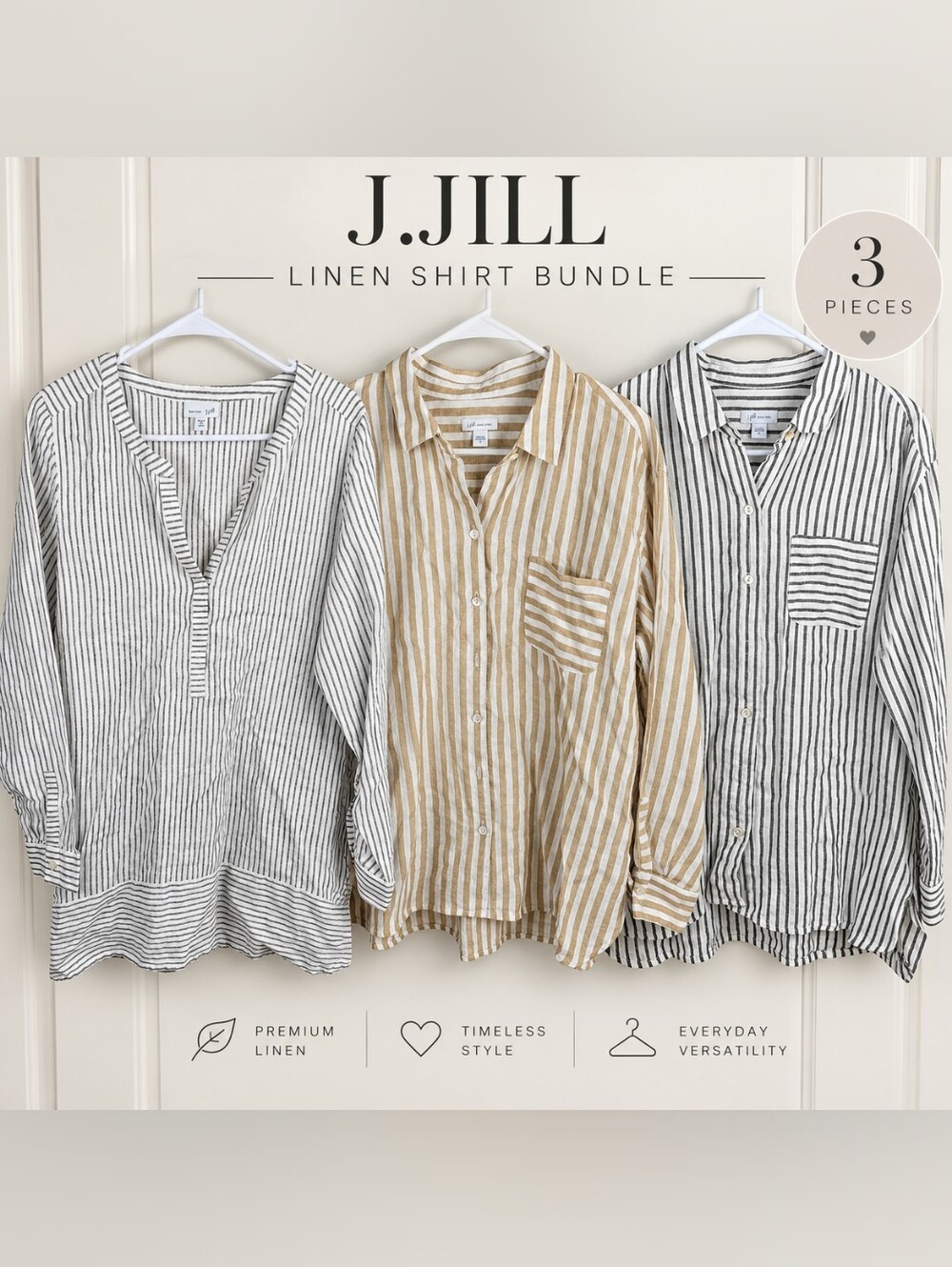J.Jill Love Linen 3 Piece Shirt Bundle | Striped Coastal Linen Tops Size M